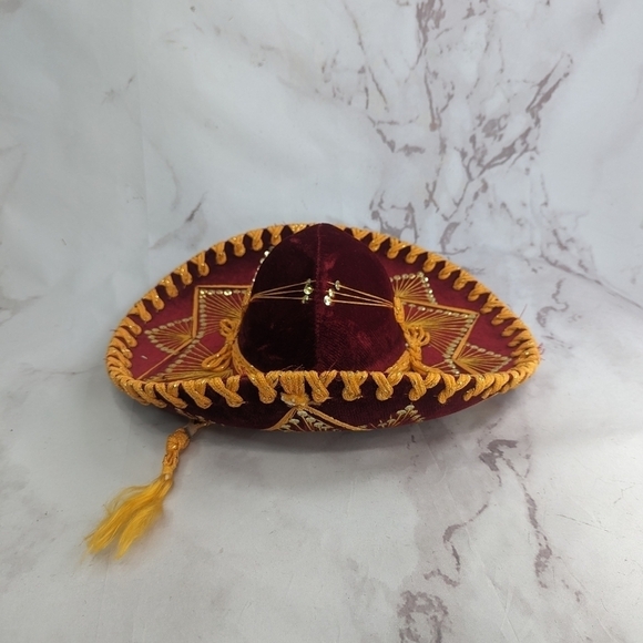 Vintage Pigalle Sombrero Mexican Hat Red Gold Sequin Velvet Yellow - Picture 5 of 13
